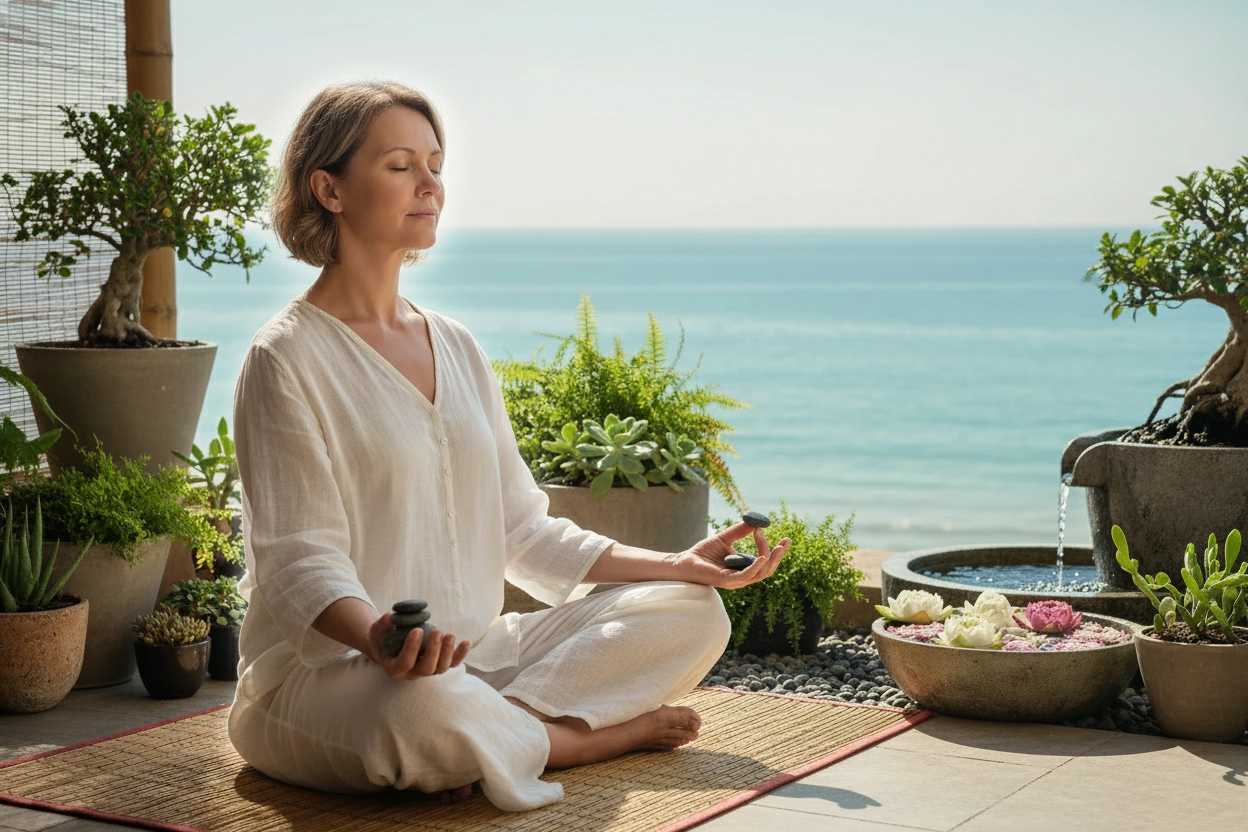 A calm wellness image of a middle aged woman practicing yoga.