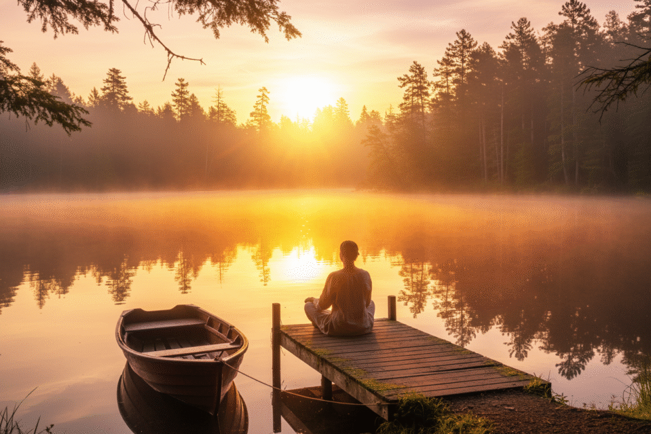 Calmness representation by a person meditating by a lake and a boat during a sunset.