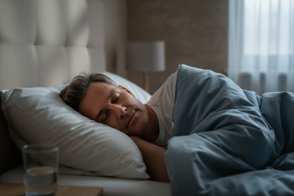 Healthy man in his 50s sleeping in bed at night resting calmly and profoundly, which is one of the empowering habits.