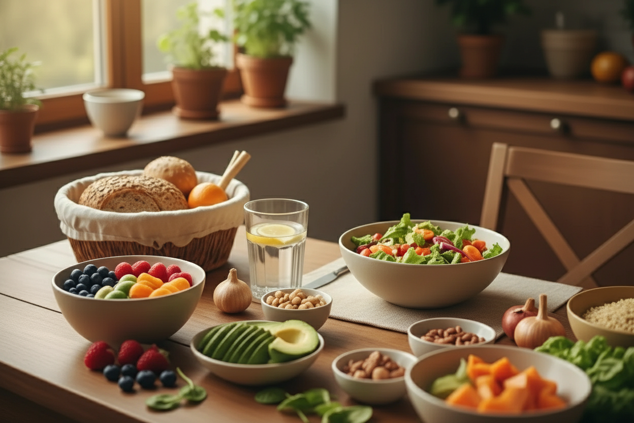 Healthy food on a kitchen table.