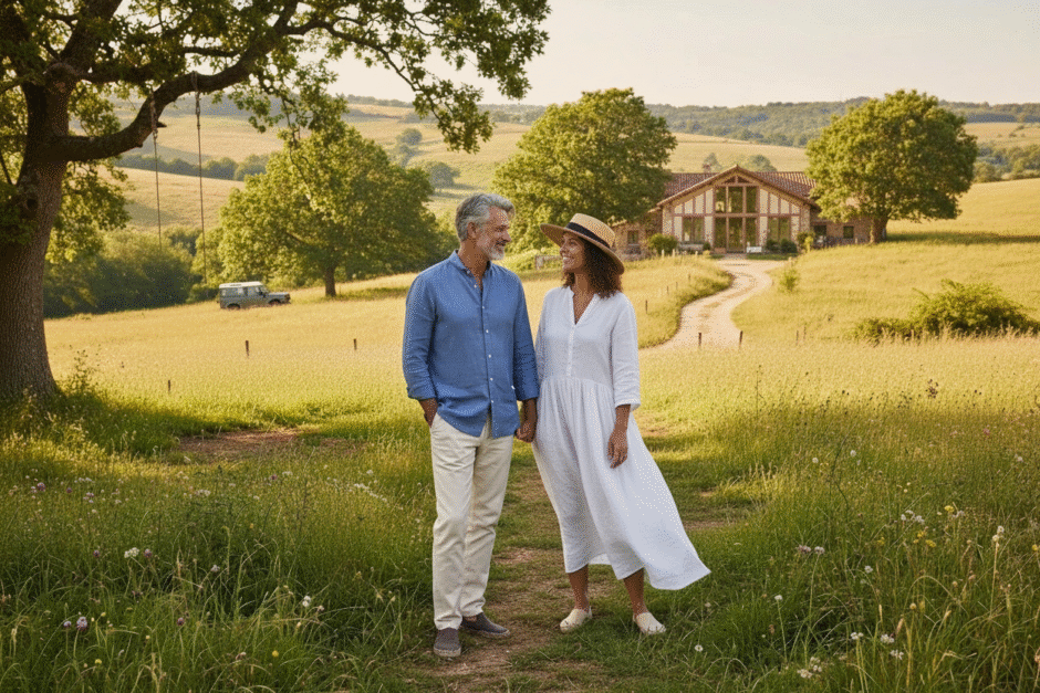Wealthy healthy diverse couple in front of their estate in the country.
